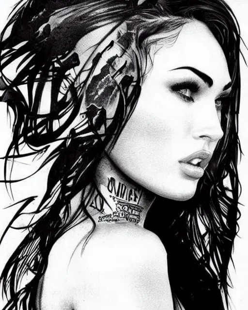 Image similar to tattoo sketch of megan fox face mash up with beautiful mountains, in the style of dan mountford, double exposure, hyper realistic, amazing detail, black and white