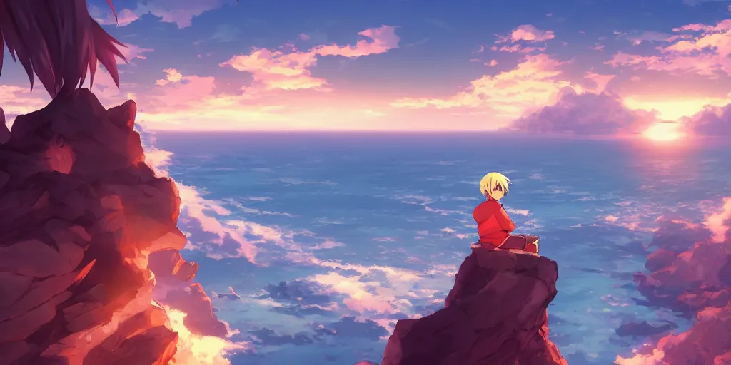 Image similar to isekai masterpiece anime boy sitting on a rock off to the side looking down upon ocean, during dawn, cinematic, very warm colors, intense shadows, anime illustration, anime screenshot composite background