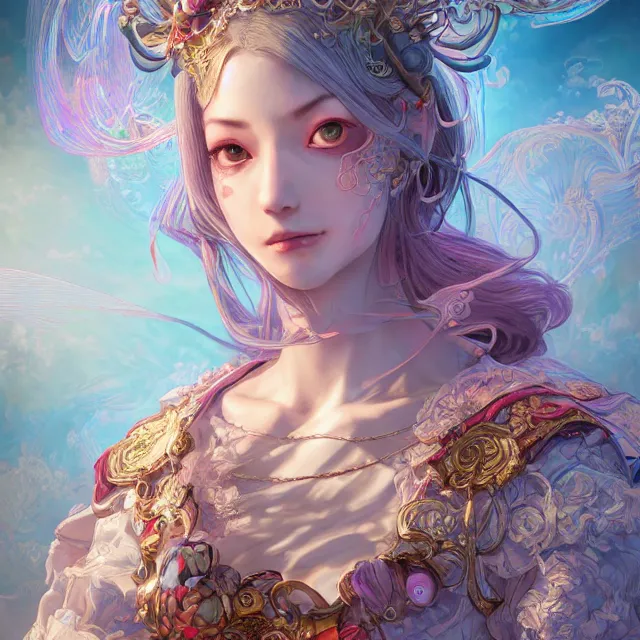 Prompt: studio portrait of neutral good rainbow colorful female cleric bard healer as absurdly beautiful, elegant, young skinny gravure idol, an ultrafine hyperdetailed illustration by kim jung gi, irakli nadar, intricate linework, sharp focus, bright colors, octopath traveler, final fantasy, unreal engine 5 highly rendered, global illumination, radiant light, detailed and intricate environment