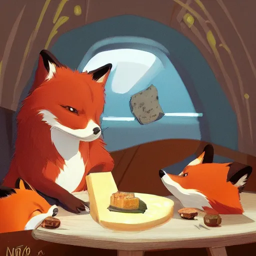 Prompt: foxes judging a cheese competition, furry, cute, disney style, artstation, detailed, award winning, dramatic lighting, cheese, fox, cheese competition, cheese contest, soft lighting, studio ghibli