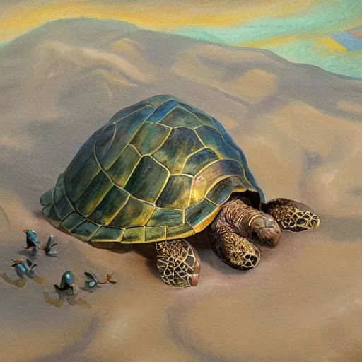 Prompt: Realm carried on a shell of a turtle, fantasy, oil painting, extra detailed