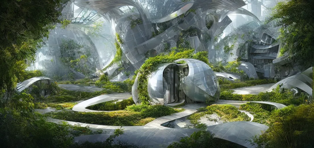 Prompt: a futuristic solarpunk garden, designed by frank gehry, sci - fi, digital art by paul chadeisson