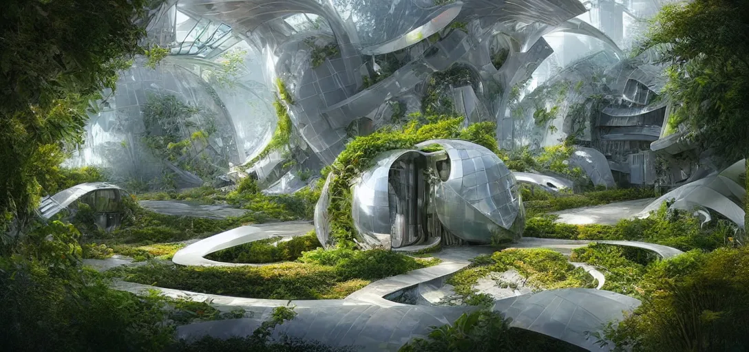 Sci-Fi, Futuristic Solarpunk ECO-City, Detailed, Hanging Gardens