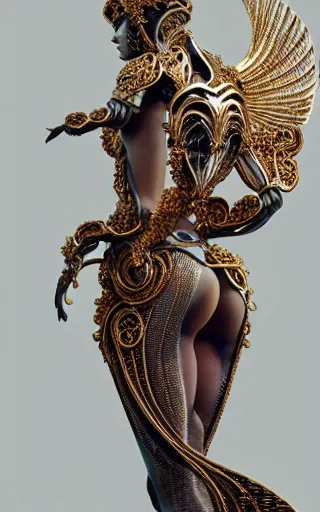 Image similar to a photo of a female in wearable sculpture art, ornate, metal works, intricate details, elegant, highly detailed, digital photography, artstation, glamor pose, concept art, smooth, sharp focus, art by artgerm and greg rutkowski, 3 d character, whole body, full body, film, photorealistic, unreal engine