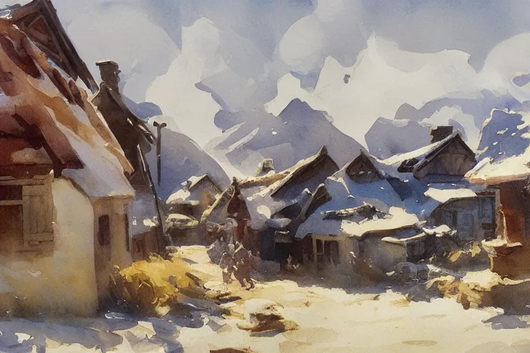 Prompt: small centered on white watercolor paper, paint brush strokes, abstract watercolor painting of nomad settlement, scandinavia, midday sharp light, cinematic light, american romanticism by hans dahl, by jesper ejsing, by anders zorn, by greg rutkowski, by greg manchess, by tyler edlin