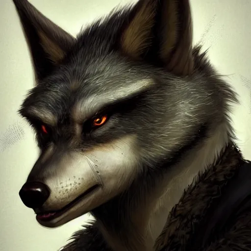 Image similar to 3/4 headshot of cute anthro wolf man, D&D, handsome, fantasy, intricate, long snout, donkey ears, fursona, black hair, elegant, highly detailed, digital painting, artstation, concept art, smooth, sharp focus, illustration, art by artgerm and greg rutkowski and alphonse mucha