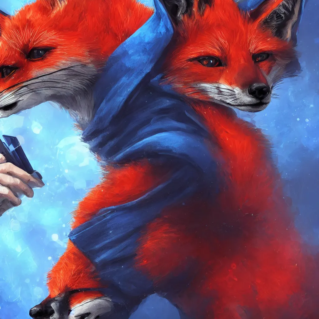 Prompt: a close-up profile shot of a red fox in a blue hoodie on the white background holding a notebook in one paw and typing with another paw, a hacker group badge on the hoodie sleeve, stroke painting, cyberpunk style, digital art picture, highly detailed, artstation