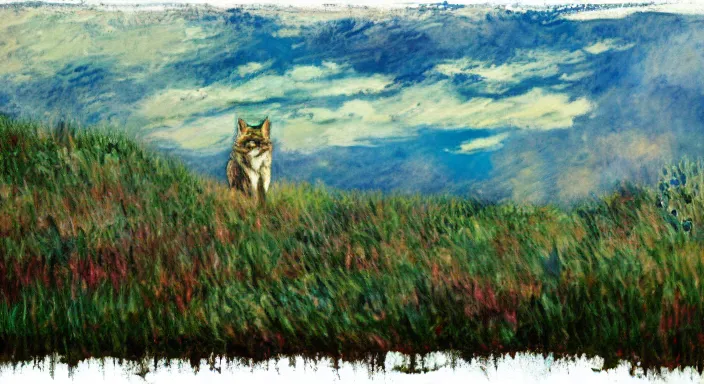 Image similar to lone wolf in the scottish highlands dreamy monet apocalyptic, acrylic painting