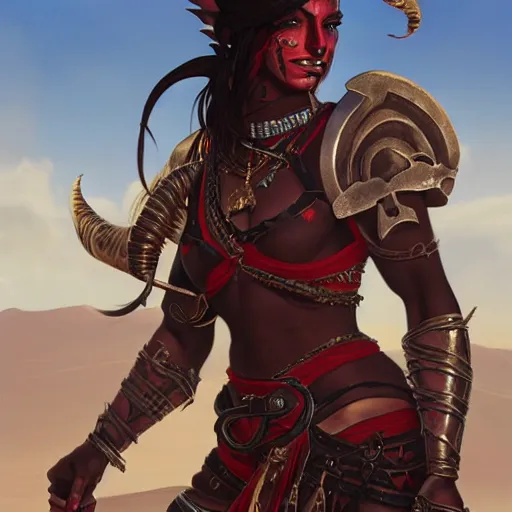 Image similar to portrait of a female berber tiefling with red skin, devil horns and black hair in a ponytail wearing a steel chestplate in a desert, fantasy, highly detailed, digital painting, artstation, concept art, character art, art by artgerm and greg rutkowski and alphonse mucha