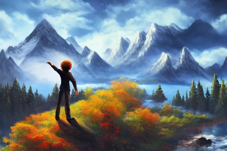 Prompt: bob ross with wings, beatiful place, mountains in background, dynamic lighting, cinematic lighting, clear sky, sun set