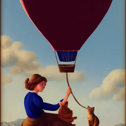 Prompt: a girl and her cat enjoying a hot-air-balloon ride by Raphael, Hopper, and Rene Magritte. detailed, romantic, enchanting, trending on artstation.