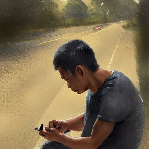 Prompt: indonesian guy doing squat on the side of a road looking at his phone and smoking a cigarette, highly detailed, deep focus, elegant, digital painting, sharp focus, ultra realistic, 8 k, art by greg rutkowski