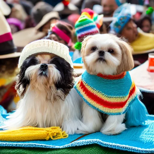 Prompt: a cream-colored Havanese and shih tzu wearing a knitted cinco de mayo ponchos and knitted hats at a fiesta in Mexico, Leica 35mm, 4K