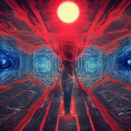 Image similar to dark matter red infernal world future landscape ocean and sun limbo hyper 4D reflection in the horror them open street schizophrenia and stratification of consciousness mind mad spirit man highly detailed full HD 8K resolution