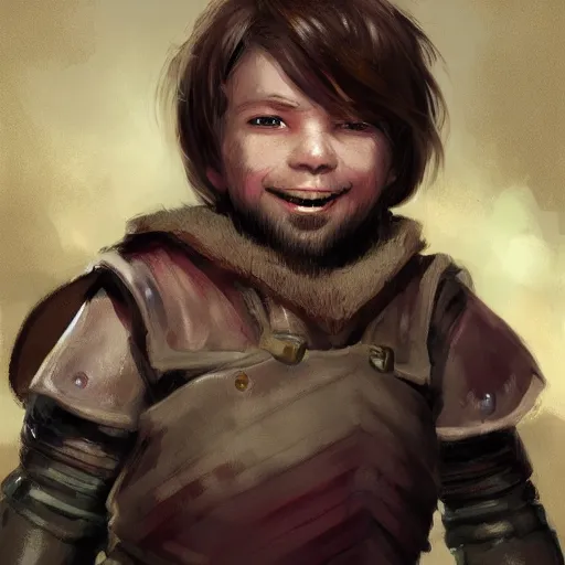 Image similar to duergar male child character portrait with pale purple skin, by Ruan Jia, shabby clothes, leather pouch, wielding kitchen knife, smiling, youthful, dungeons and dragons, digital art