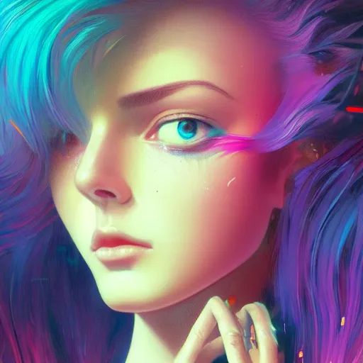 Image similar to young woman, gorgeous face, vaporwave aesthetic, synthwave, colorful, psychedelic, broken, shattered, beaten, sadness, crying, tears, artstation, concept art, smooth, extremely sharp detail, finely tuned detail, 8 k, unreal engine 5, ultra sharp focus, illustration, art by artgerm and greg rutkowski and alphonse mucha