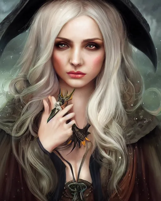 Image similar to a beautiful female witch, 8 k, hyperrealistic, hyperdetailed, fantasy portrait by laura sava