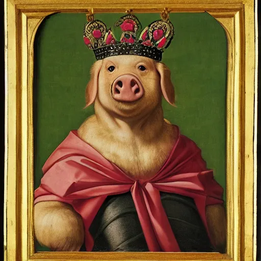 Prompt: a renaissance style portrait of a pig (Sus domesticus) wearing a crown and a cape, dark background