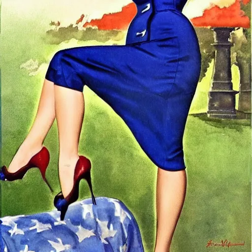 Image similar to full body pin up post war dressing a military unioform,with a park in the back ground, water color, Gil Elvgren style