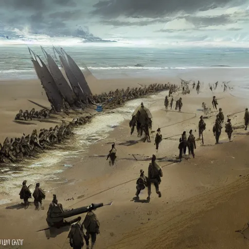 Image similar to omaha beach world war 2 geog darrow greg rutkowski