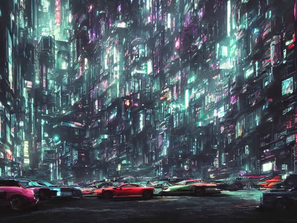 Prompt: a group of cars parked in a parking lot next to tall buildings, cyberpunk art by liam wong, cgsociety, retrofuturism, futuristic, cityscape, dystopian art