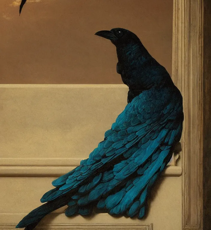 Image similar to a beautifully photoreal clear detailed victorian portrait of a close up raven on a victorian windowsill with an ornate velvet dark teal curtain at beautiful sunset daytime nature sunlit painting by frederic leighton and turner and rosetti, 8 k, octane render