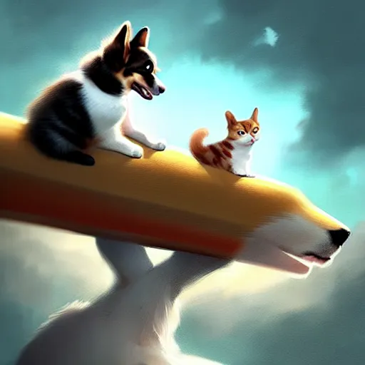 Image similar to tiny cat girl riding on the back of a giant corgi by greg rutkowski