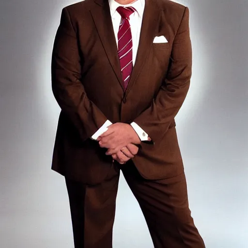 Image similar to Andy Richter is wearing a chocolate brown suit and necktie and is in a bedroom with a window letting in bright morning sunlight. Andy is sitting upright in a bed and is stretching his arm. His mouth his wide open as he yawns.