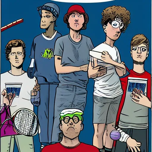 Prompt: the cover of the graphic novel version of david foster wallace's book infinite jest, featuring boys at a tennis academy, a videotape that puts you into a coma, and a recovering alcoholic trying to leave a life of crime, art by seth, chris ware, and charles burns