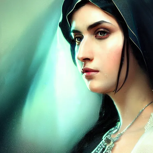 Image similar to a Photorealistic dramatic hyperrealistic render of an arab ameera al taweel, blue eyes, wavy black hair, white veil,by WLOP,Artgerm,Greg Rutkowski,Alphonse Mucha, Beautiful dynamic dramatic dark moody lighting,shadows,cinematic atmosphere,Artstation,concept design art,Octane render,8K