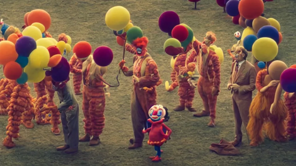 Image similar to the giants clowns at the fair, they tie a balloon animal, film still from the movie directed by denis villeneuve and david cronenberg with art direction by salvador dali and dr. seuss