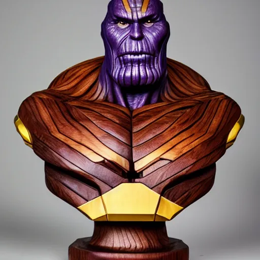 Image similar to a completely made of wood, real - world sculpture bust of the thanos marvel character, made of highly polished walnut wood, polished, cedar, polished tiger - wood. photograph, photographic, 3 5 mm