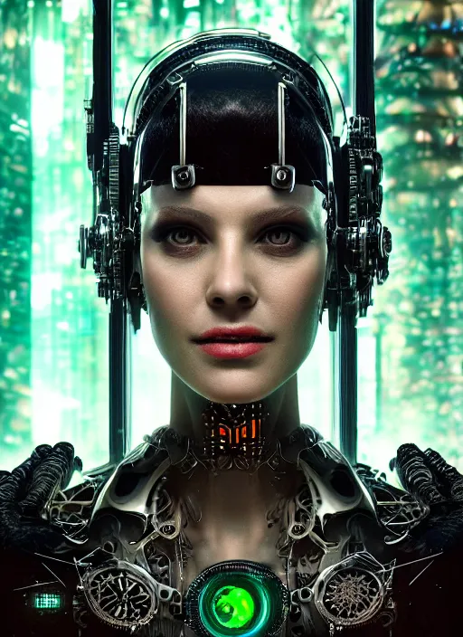 Image similar to 35mm portrait of complex, sophisticated and intricate 7 of 9 borg with eye implant, on the background of a weird magical mechanical forest. Round gears visible inside her hear. Very detailed 8k. Fantasy cyberpunk horror. Sharp. Cinematic post-processing