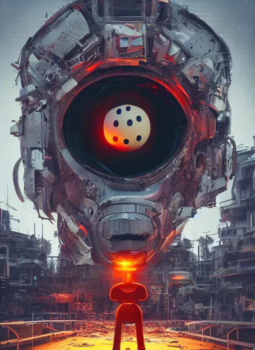 Image similar to giant destroyed head of robotic mickey mouse surrounded by engineers, inside of abandoned netflix office, cyberpunk, by beeple, dystopia, golden ratio, octane render, redshift, trending on artstation, 8 k