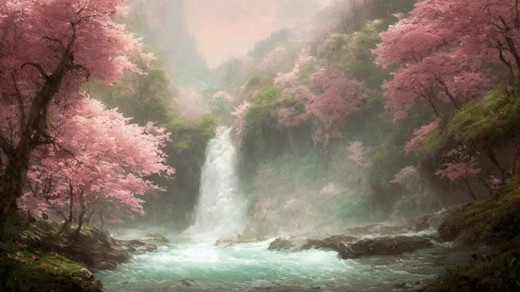 Image similar to the most beautiful panoramic landscape, oil painting, where a giant dreamy waterfall creates a river, the trees around are starting to bloom in pink color, by greg rutkowski