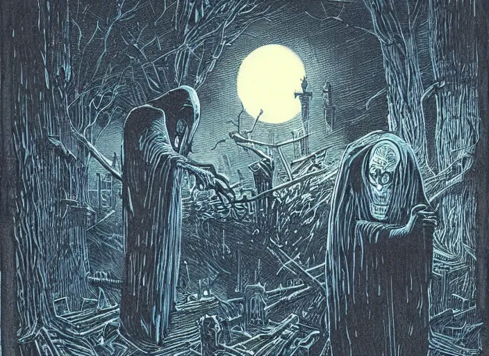 Prompt: red and blue woodcut print, halloween ghost in graveyard at midnight by greg rutkowski, fine details, highly detailed