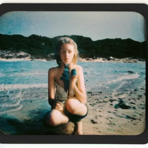 Prompt: a very beautiful old polaroid picture of a young women at the beach, award winning photography