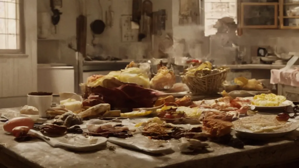 Image similar to Cursed food on the kitchen table, film still from the movie directed by Denis Villeneuve with art direction by Salvador Dalí, wide lens