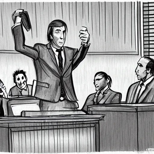 Image similar to a court sketch of saul goodman defending vineshroom in court, sketch art, court sketch art, saul goodman