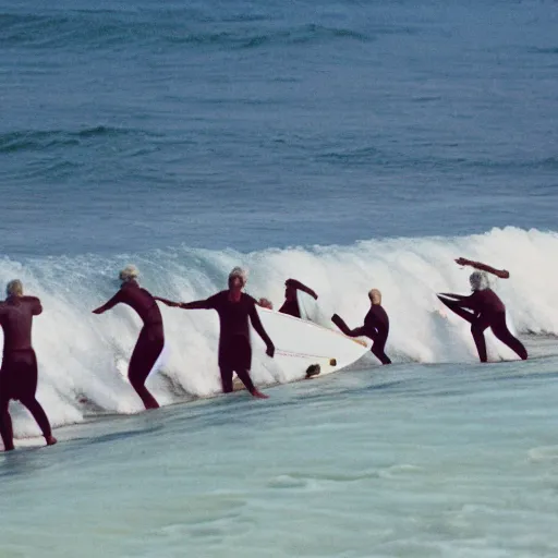 Prompt: senior citizens surfing in Hawaii, 35mm film