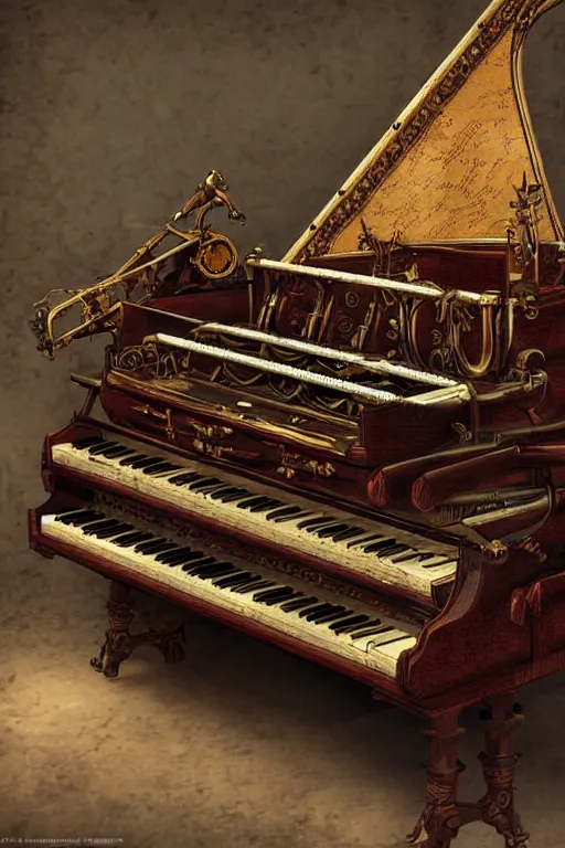 Image similar to Steampunk harpsichord, Artstation, photorealistic