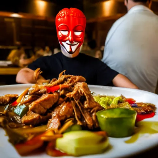 Prompt: anonymous with face covered by stirfry pork, cinematic dramatic composition, happy lighting