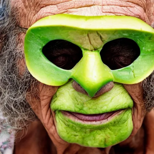 Prompt: an elderly man wearing a mask made from avocado, bold natural colors, national geographic photography, masterpiece, 8 k, raw, unedited, symmetrical balance