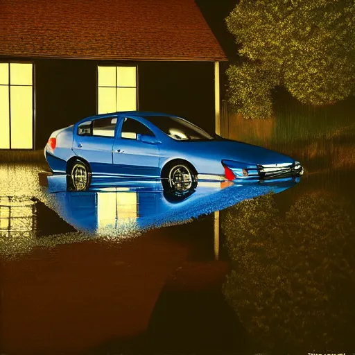 Image similar to 2003 blue Honda Accord leaking large puddle of oil onto driveway, midnight, moonlight, stark lighting, reflective puddle, pool, oil, by Scott Listfield and Mikko Lagerstedt