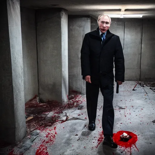 Image similar to putin with a chainsaw. in a concrete bunker with a pile of corpses. focus on putins face with blood splatters. canon eos r 3, f / 1. 4, iso 1 6 0 0, 1 / 8 0 s, 8 k, raw, grainy