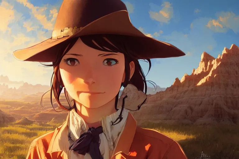 Image similar to western cowgirl in the badlands, single subject, scenic full shot, ambient lighting, detailed face, by makoto shinkai, stanley artgerm lau, wlop, rossdraws