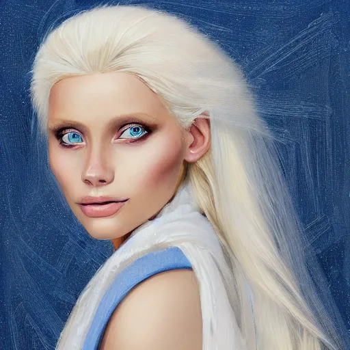 Image similar to Portrait of Abbey Lee as a tall blonde blue-eyed elf woman with pale white hair, wearing stylish white and gold robes, warm and gentle smile, intricate, elegant, highly detailed, digital painting, smooth, sharp focus, bust view, visible face, artstation, graphic novel, art by stanley artgerm and greg rutkowski and peter mohrbacher,