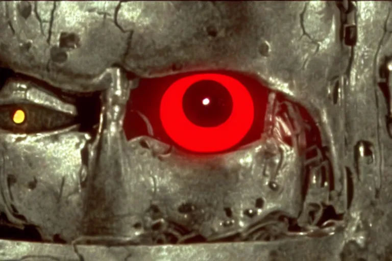 Prompt: Terminator Pikachu scene where his endoskeleton gets exposed and his eye glows red, still from the film by H. R. Giger in color
