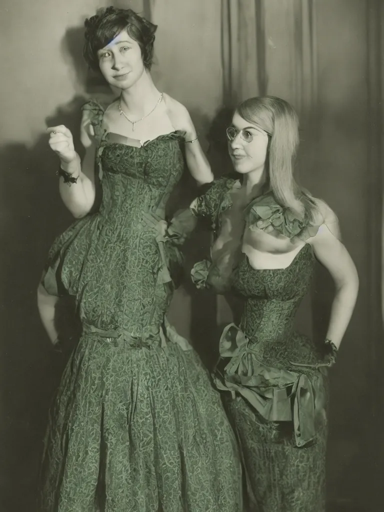 Prompt: a short young woman wearing a green dress and corset and round glasses, with straight medium length brown hair, professional framing and lighting