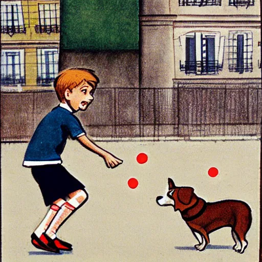 Image similar to book illustration of a french boy on the streets of paris playing football against a corgi, the dog is wearing a polka dot scarf, 1 9 6 6